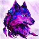 Drawing of a wolf with purple tones.